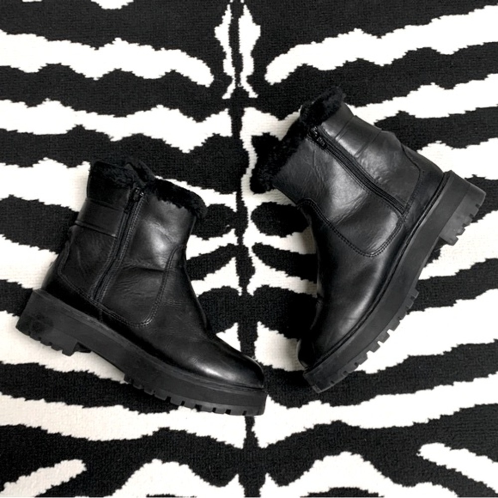 Zara Leather Moto Biker Boots Faux Fur Lining Platform Lug Soles Size 37 - Picture 3 of 12
